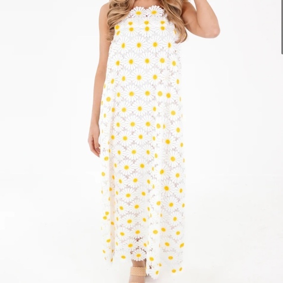 J. Marie Jenna Tie Strap Square Neck White Floral Daisy Lace Shift Midi Dress - Picture 4 of 17